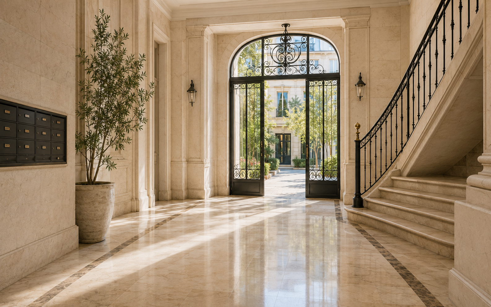 Hall d’immeuble lumineux, propre et soigneusement entretenu